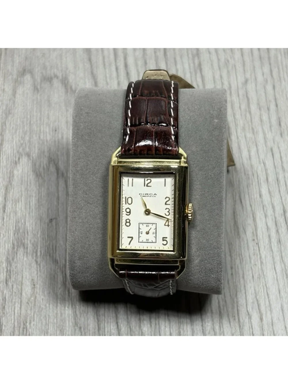Circa Timepiece Watch Men 25mm Gold Tone Tank Leather Band CT103T Needs Battery